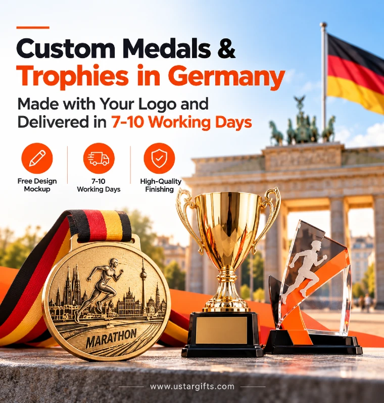 custom marathon medals with ribbons for a German event
